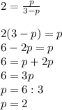 2=\frac{p}{3-p}\\\\2(3-p)=p\\6-2p=p\\6=p+2p\\6=3p\\p=6:3\\p=2