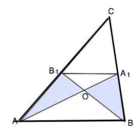 Втреугольнике abc проведены медианы aa1 и bb1 пересекающиеся в точке о.докажите,что треугольники aob