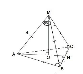 Вправильной треугольной пирамиде плоский угол при вершине равен 60 длина бокового ребра 4 см найдите