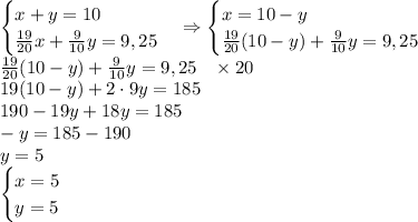 \begin{cases}x+y=10\\\frac{19}{20}x+\frac9{10}y=9,25\end{cases}\Rightarrow\begin{cases}x=10-y\\\frac{19}{20}(10-y)+\frac9{10}y=9,25\end{cases}\\&#10;\frac{19}{20}(10-y)+\frac9{10}y=9,25\;\;\;\times20\\19(10-y)+2\cdot9y=185\\190-19y+18y=185\\-y=185-190\\y=5\\\begin{cases}x=5\\y=5\end{cases}