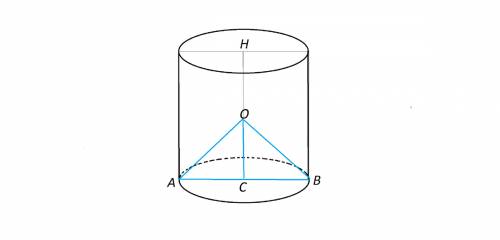 Точка о-середина оси цилиндра. диаметр основания цилиндра виден из точки о под прямым углом, а расст