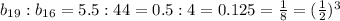 b_{19}:b_{16}=5.5:44=0.5:4=0.125=\frac{1}{8}=(\frac{1}{2})^3