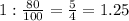 1:\frac{80}{100}=\frac{5}{4}=1.25