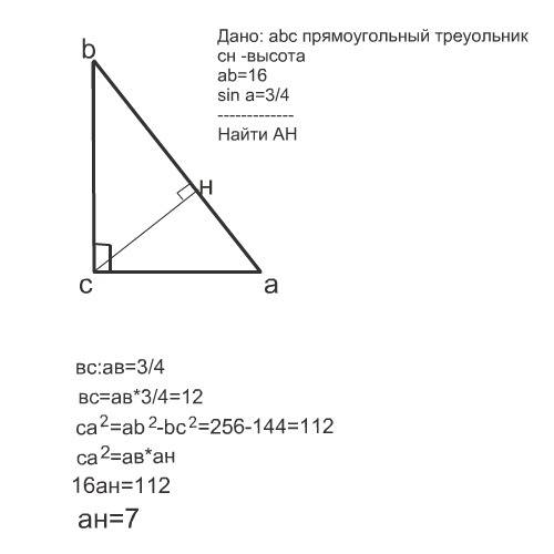 Втреугольнике abc угол c=90°,ch-высота, ab=16, sins=3/4. найдите ah