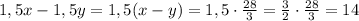 1,5x-1,5y=1,5(x-y)=1,5\cdot \frac{28}{3}=\frac{3}{2}\cdot \frac{28}{3}=14