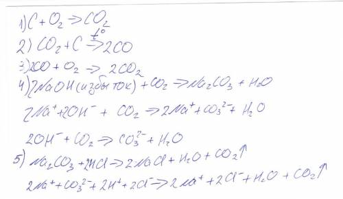 Составить уравнения реакций по схеме: c→co2→co→co2→naco2→co2
