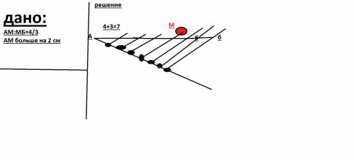 )отрезок аб точкой м разделен на две части отношении ам: мб=4: 3. какова длина каждой части,если ам