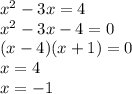 x^2-3x=4\\&#10;x^2-3x-4=0\\&#10;(x-4)(x+1)=0\\&#10;x=4\\&#10;x=-1