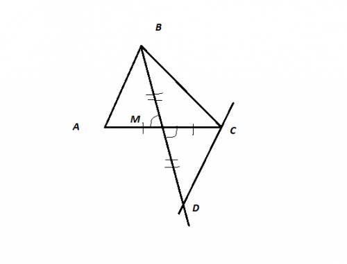 Втреугольнике авс медиана вм продолжается за точку м так, что вм=md. докажите параллельность прямых