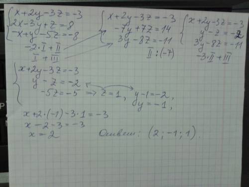 Решите систему трех уравнений с тремя переменными: x+2y-3z=-3 2x-3y+z=8 -x+y-5z=-8 решение со всеми