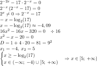 2^{-2x}-17\cdot2^{-x}=0\\2^{-x}\left(2^{-x}-17\right)=0\\2^x\neq0\Rightarrow2^{-x}=17\\-x=\log_2(17)\\x=-\log_2(17)\approx-4,09\\16x^2-16x-320=0\;\;\;\div16\\x^2-x-20=0\\D=1+4\cdot20=81=9^2\\x_1=-4,\;x_2=5\\\begin{cases}x\geq-\log_2(17)\\x\in(-\infty;\;-4)\cup[5;\;+\infty)\end{cases}\Rightarrow x\in[5;\;+\infty)