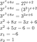 3^{x^2+8x}=27^{x+2}\\3^{x^2+8x}=(3^3)^{x+2}\\3^{x^2+8x}=3^{3x+6}\\x^2+8x=3x+6\\x^2+5x-6=0\\x_1=-6\\x_2=1