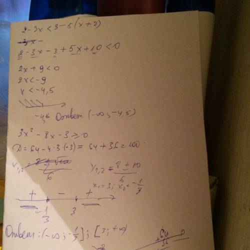 Решите неравенство 2-3х< 3-5(х+2) и 3х^2-8х-3> или равно 0