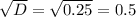 \sqrt{D} = \sqrt{0.25} =0.5