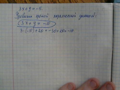 Записать уравнение прямой,которая паралельна прямой 3x+y+5=0 проходит через точку (-10; 20)