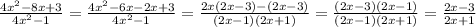 \frac{4 x^{2} -8x+3}{4 x^{2} -1} = \frac{4 x^{2} -6x-2x+3}{4 x^{2} -1} =&#10; \frac{2x(2 x -3)-(2x-3)}{(2 x -1)(2x+1)} = \frac{(2 x -3)(2x-1)}{(2 x -1)(2x+1)} = \frac{2 x -3}{2x+1}