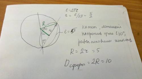 Длина линии пересечения сферы плоскости проходящей через конец диаметра под углом 60° к нему, равна