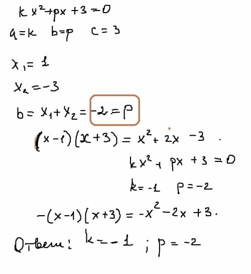 При каких значениях k и p корнями уравнения являются числа 1 и -3? объясните как решить, .