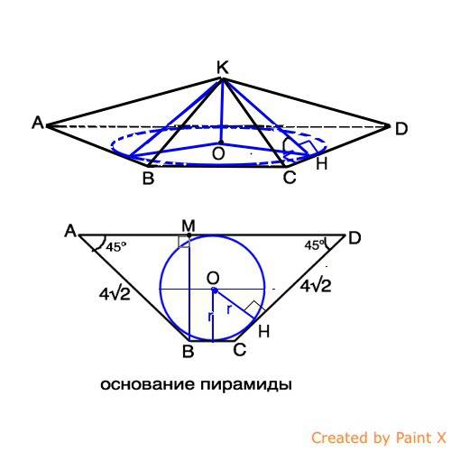 Основанием пирамиды abcdk является равнобедренная трапеция с основаниями ad и bc и острым углом 45 г