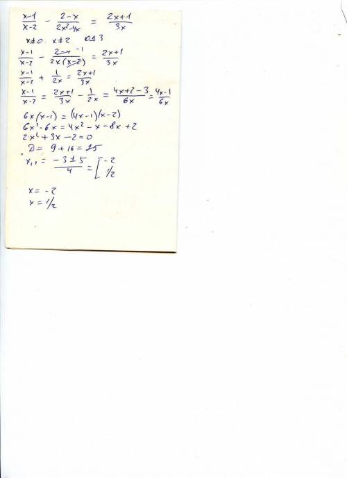 Решите на множестве r уравнение (х - 1) / (х - 2) (первая дробь) - (2 - х) / (2х^2 - 4х) (вторая дро