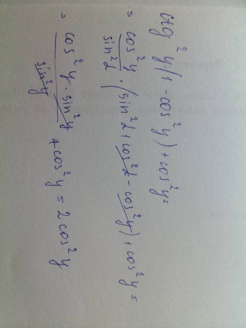 Тригонометрия 9 класс . ctg квадратy (1-cos2y)+cos квадратy=