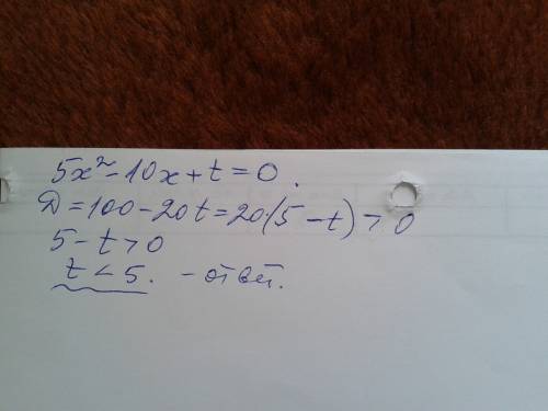 Найдите все значения t , при которых уравнение 5х^2-10х+t=0 имеет два корня