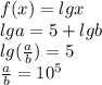 f(x)=lgx\\&#10;lga=5+lgb\\&#10;lg(\frac{a}{b})=5\\&#10; \frac{a}{b}=10^5