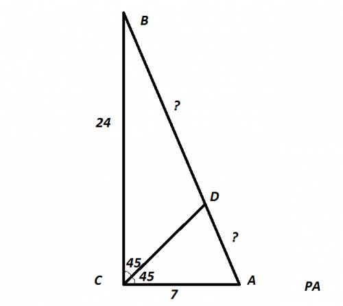 Катеты прямоугольного треугольника равны 7 дм и 24 дм. найти отрезки гипотенузы на которые делит ее