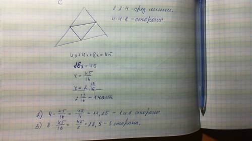 Средние линии треугольника относятся как 2: 2: 4, а периметр треугольника равен 45 см. найдите сторо