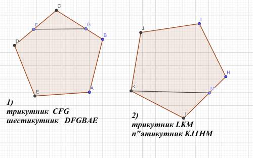 Перший пятикутник поділи відрізком на трикутник і шестикутник,другий- на трикутник і пятикутник.