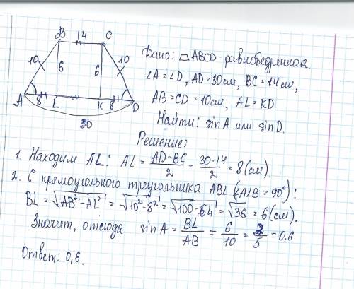 Основания равнобедренной трапеции = 14 и 30. боковые стороны =10. найдите синус острого угла трапеци