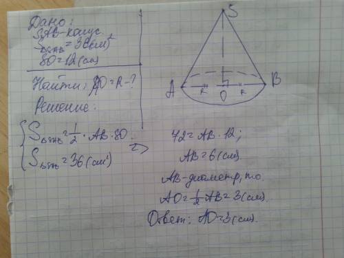 Площадь осевого сечения конуса равна 36 см., высота конуса 12 см. найдите радиус основания. дано; на