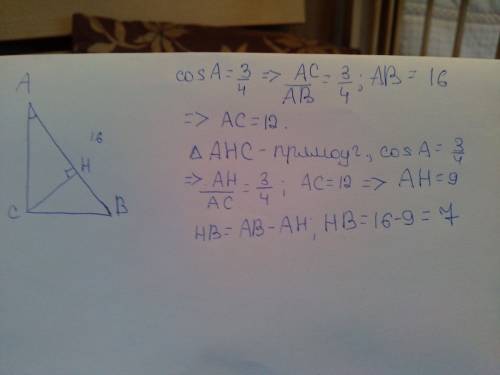 Втреугольнике abc угол с равен 90 градусов, ch-высота ab=16 см, cosa=3/4. найдите bh.