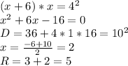 (x+6)*x=4^2\\&#10;x^2+6x-16=0\\&#10; D=36+4*1*16=10^2\\&#10; x=\frac{-6+10}{2}=2\\&#10; R=3+2=5
