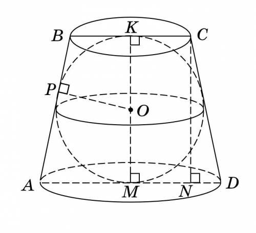 Вокруг шара описан усеченный конус. радиусы усеченного конуса относятся как 4: 9. радиус шара равен