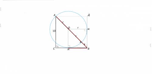 Круг примыкает к одному из катетов равнобедренного прямоугольного треугольника и проходит через верш