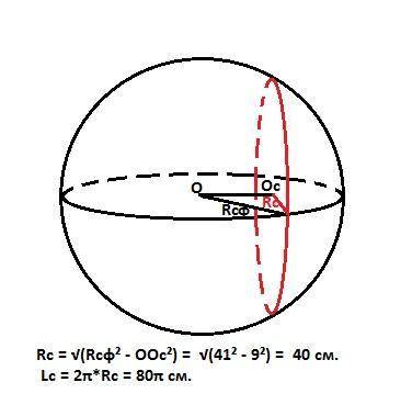 Сфера радиуса 41 пресечена плоскостью на расстояние 9 см от центра. найдите длину линии сечения​