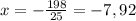 x = - \frac{198}{25}=-7,92