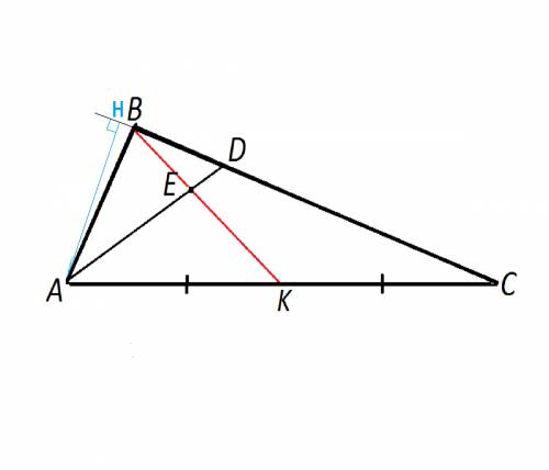 Площадь треугольника авс равна 80. биссектриса ad пересекает медиану bk в точке e при этом bd: cd=1: