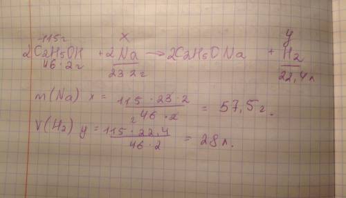 Определите массу натрия,потраченного на взаимодействие с этанолом массой 115 г,и объем водорода,кото