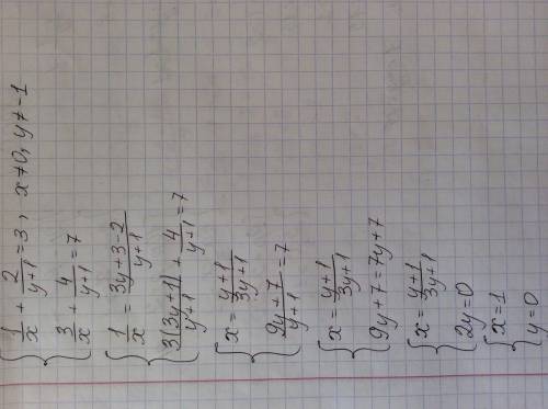 Решите систему уравнений {1/x+2/(y+1)=3 {3/x+4/(y+1)=7