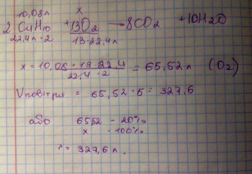 Бутан об'ємом 10,08 л (н.у ) піддали повному окисненню.визначте об'єм повітря,який використали для ц
