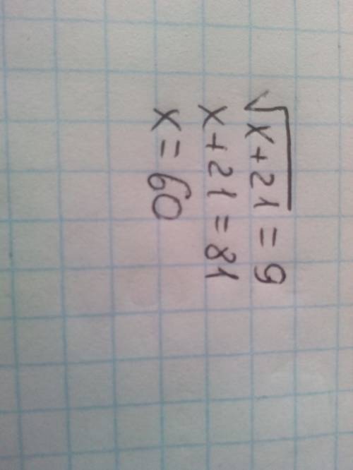 Корень из х+21 = 9 найдите корень уравнения