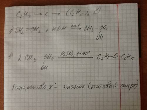Определите вещество x в следующей схеме превращений: с2н4 → x → (с2н5)2о дано и решение