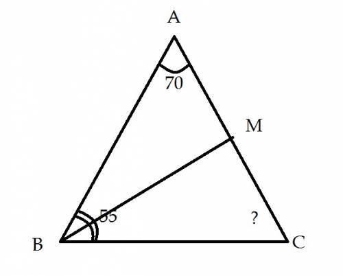 Втреугольнике авс угол а=70градусам, угол с=55градусам. докажите что треугольник авс-равнобедренный,