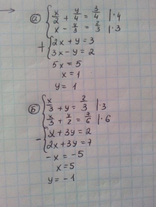 нужно решить до 11: 45. решите систему уравнений: а) {х\2 + у\4 = 3\4 {х - у\3 = 2\3 б) {х\3 + у = 2