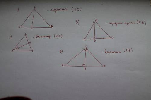 Начертить 4 разных треугольника и найти в них точки пересечения: медианы, биссектрисы, серединных пе