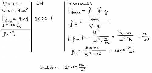 При полном погружении в жидкость бруска объемом 0,9м^3 на него действует выталкивающая сила 9кн. чем