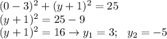 (0-3)^2+(y+1)^2=25 \\ (y+1)^2=25-9 \\ (y+1)^2=16 \to y_1=3; \ \ y_2=-5