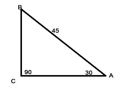 Втреугольнике abc угол c=90 a=30 ab=45 найдите bc